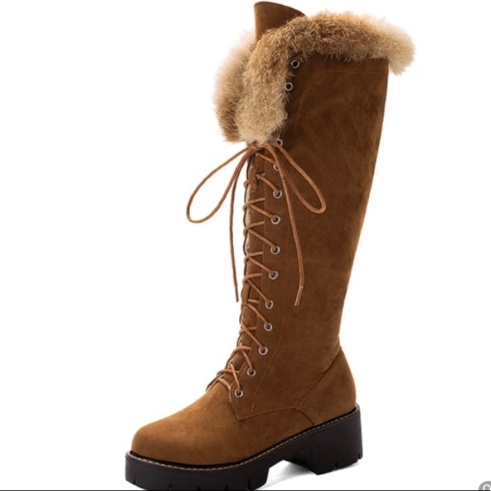 Brown fur lace up boots size 8